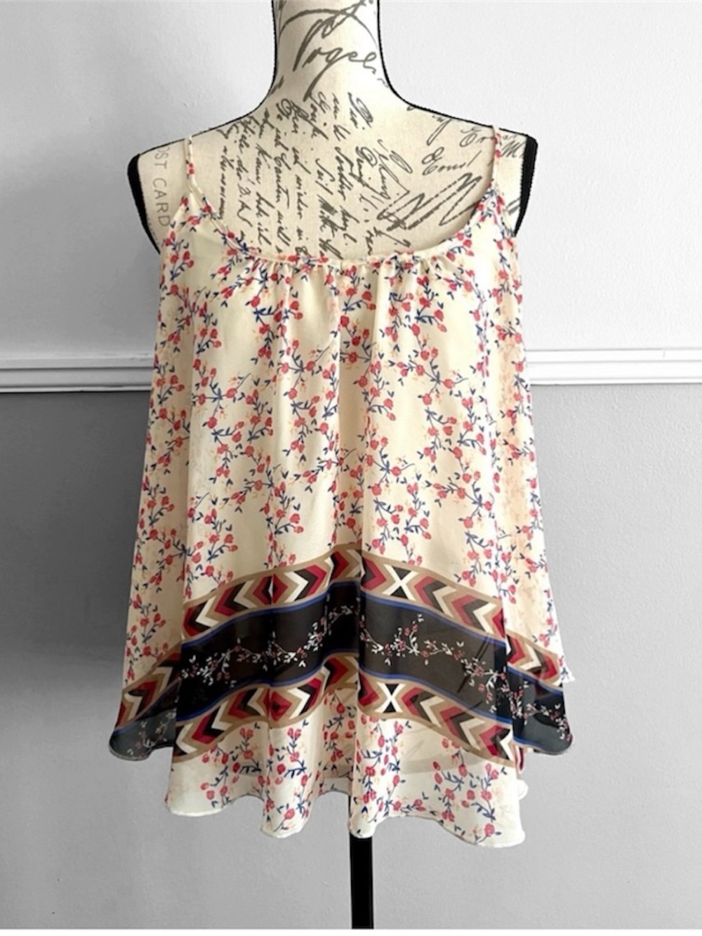 Express Light Bohemian Cream & Floral Print Tank Top sheer overlay small EUC